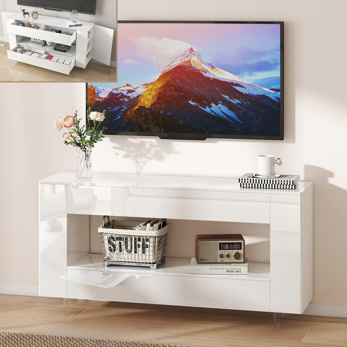 65" TV Stand with 2 Drawers & Hidden Cabinets, Brown Wood Grain Finish