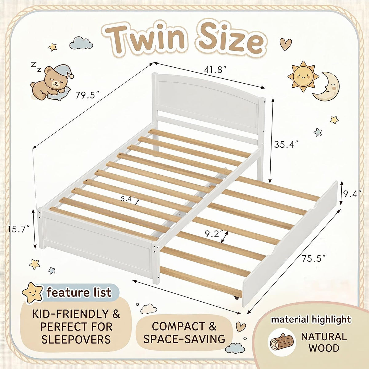 Betterhood Twin Bed with Trundle, Solid Wood Twin Size Bed Frame, Pull Out Trundle Bed with Headboard and Footboard, Extendable Wooden Slats Platform Bed for Kids Teens Adults, White