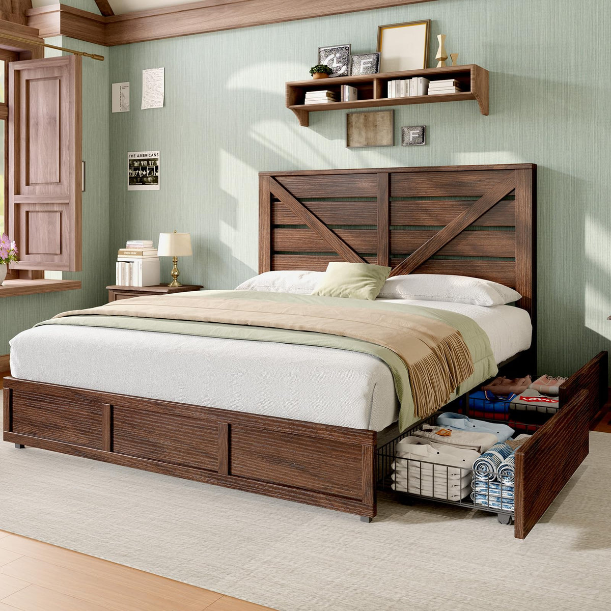 AMERLIFE Queen Size Farmhouse Bed Frame with 4 Storage Drawers
