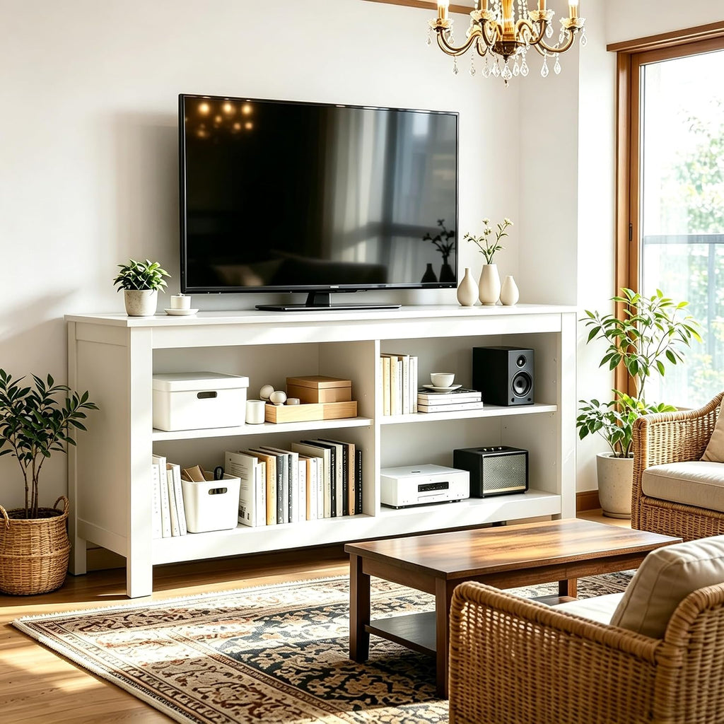 43 inch TV Stand, Suitable for TVs up to 50 inches, Small TV Stands with Open Storage Shelves, Living Room Entertainment Centers, and Bedroom TV Consoles (White)