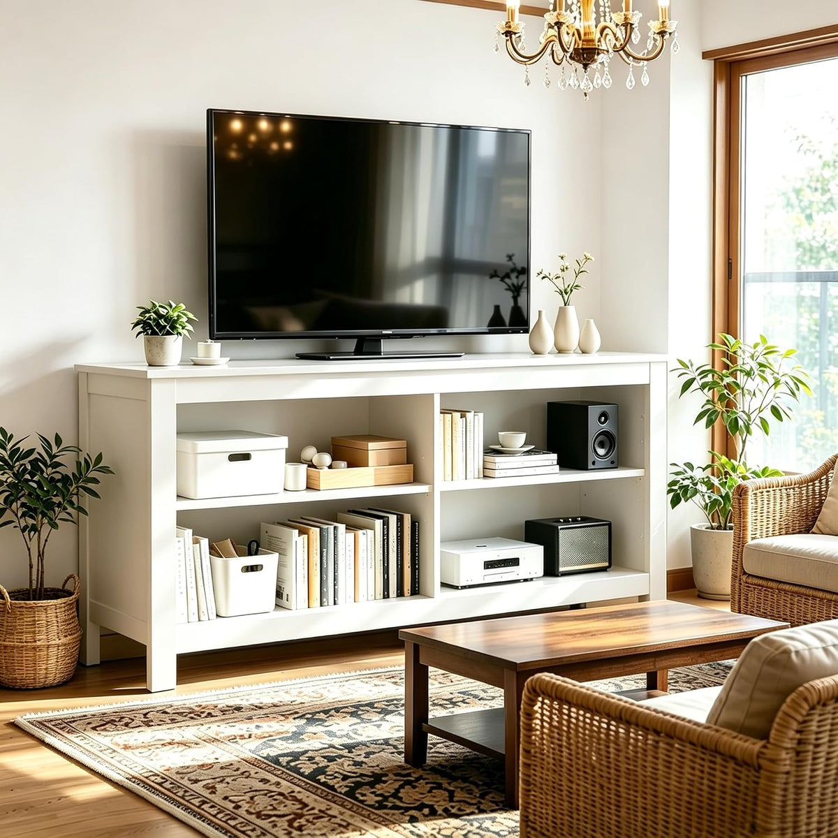43 inch TV Stand, Suitable for TVs up to 50 inches, Small TV Stands with Open Storage Shelves, Living Room Entertainment Centers, and Bedroom TV Consoles (White)