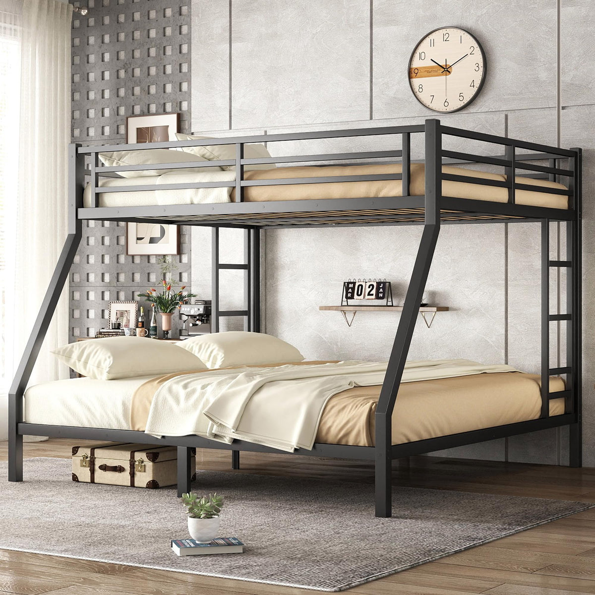 Bellemave Full Over Full Bunk Beds, Metal Bunk Bed with Ladder and Guardrail for Kids, Adults, Can be Split, White