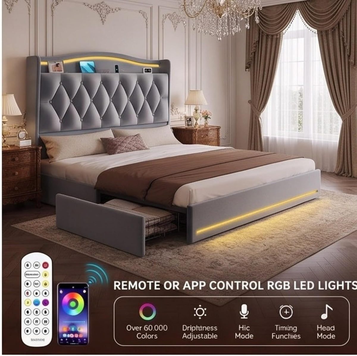 YITAHOME Queen Bed Frame with Charging Station & RGB LED Lights