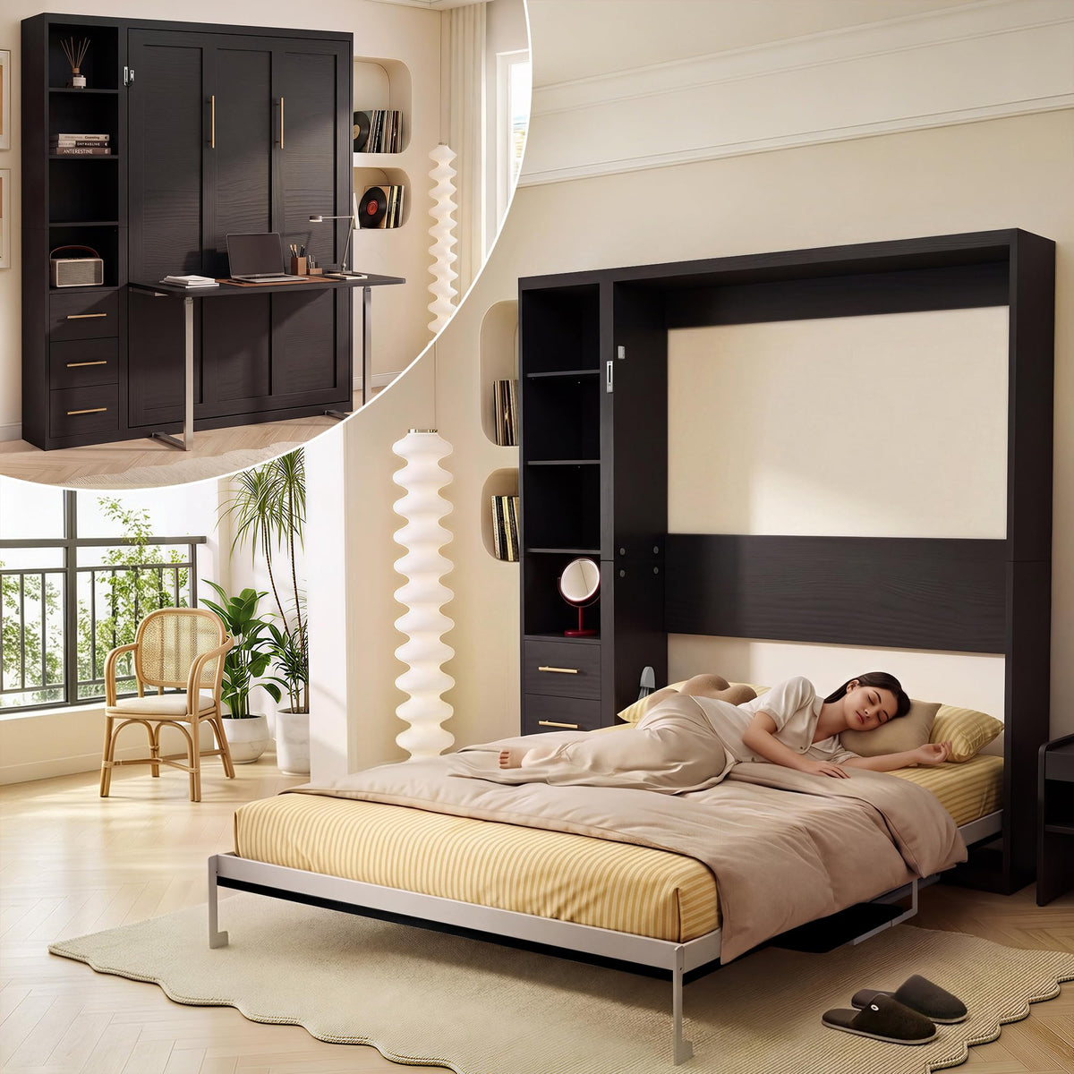 Olela Murphy Bed Queen with Desk & Bookcase, 4-Hydraulic Lift System,White
