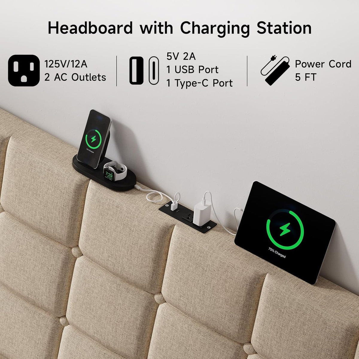 ONBRILL Ergonomic Headboard Full Size with Charging Station, Beige
