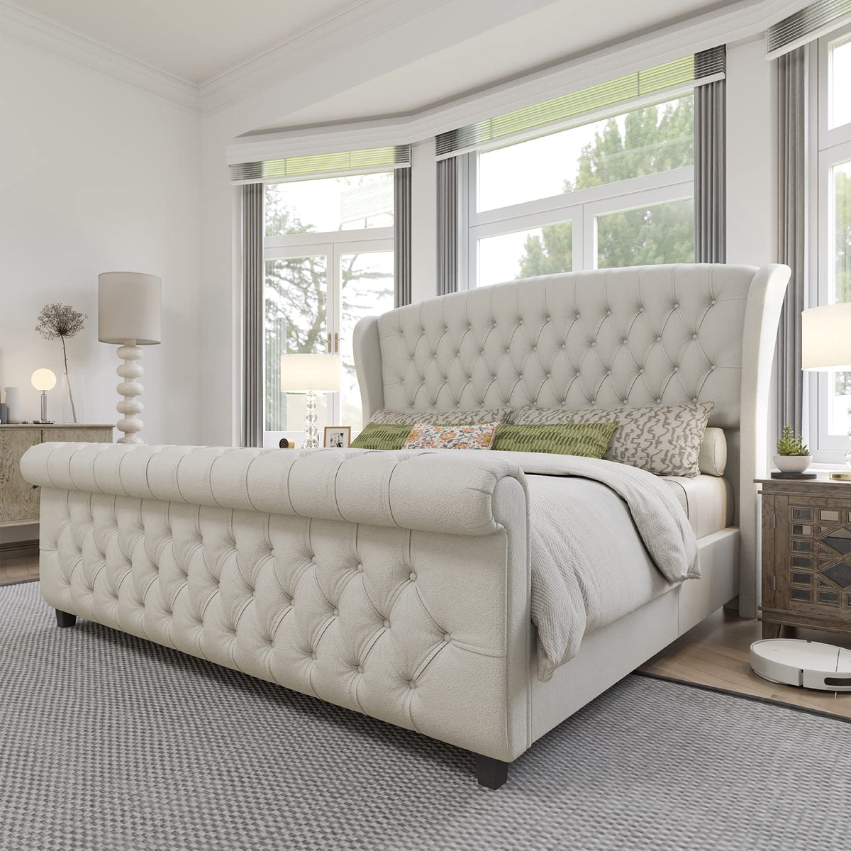 AMERLIFE Queen Size Upholstered Sleigh Bed Frame with Wingback Headboard