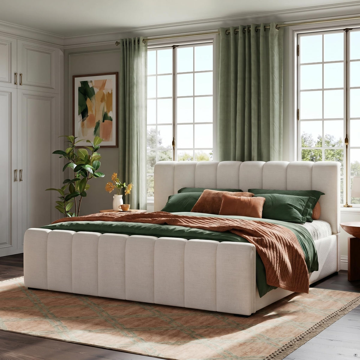 Merax King Upholstered Bed with Thick Headboard and Footboard, Beige