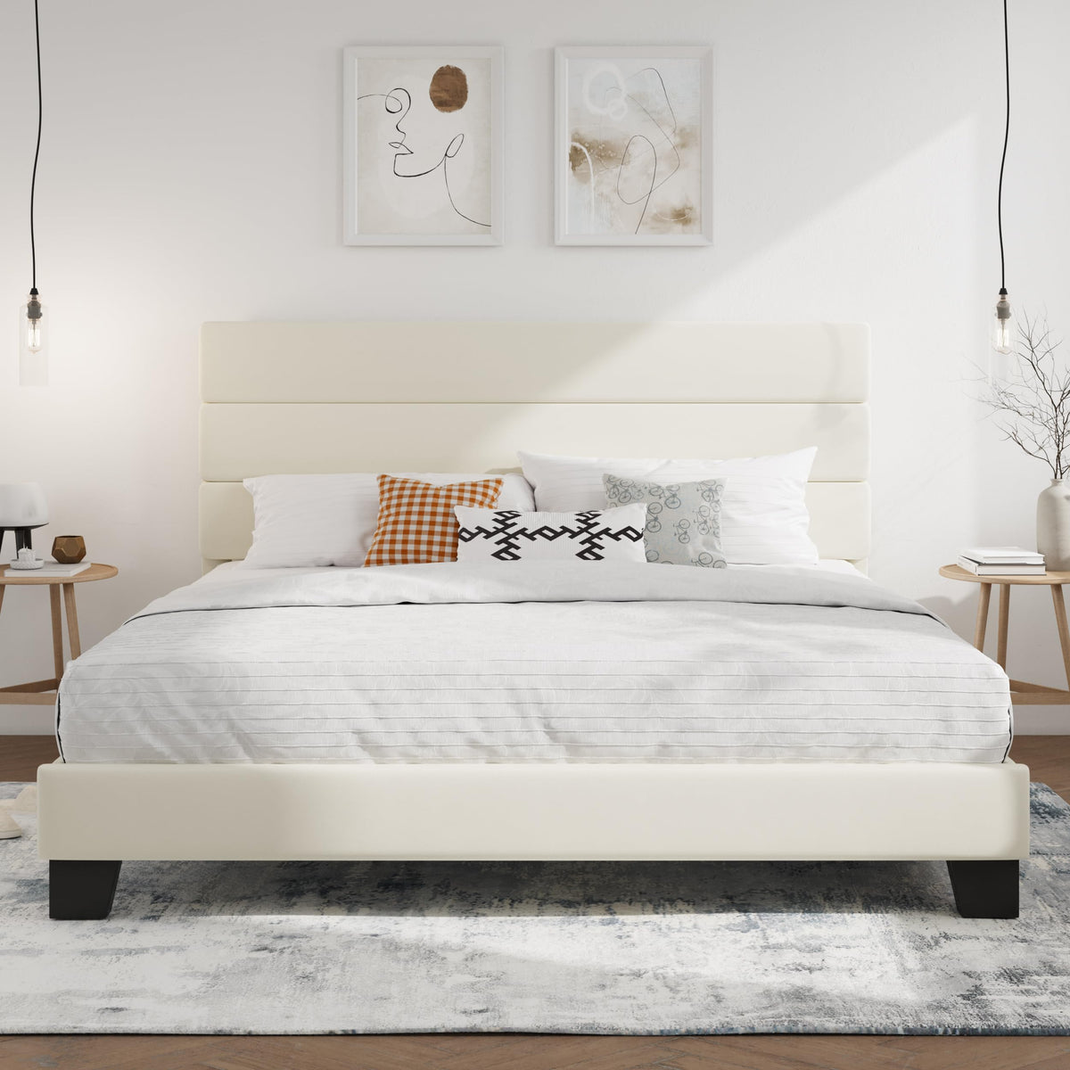 SHA CERLIN Queen Platform Bed Frame with Upholstered Fabric Headboard,Beige