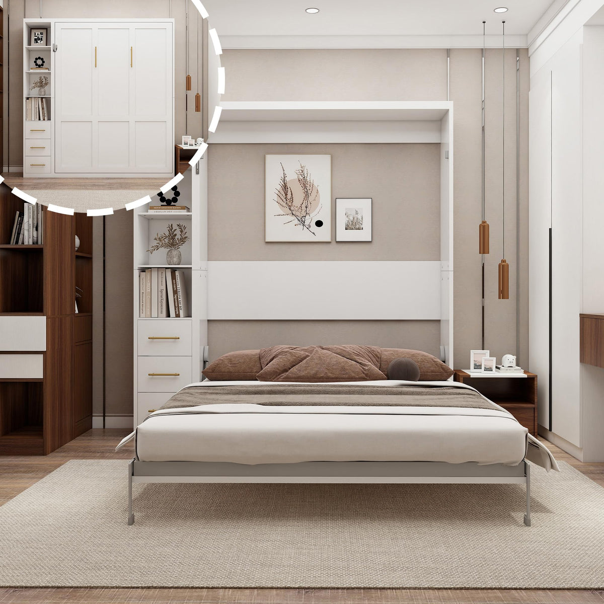 Queen Murphy Bed with Sofa, Space-Saving Wall Bed, Metal Frame, White