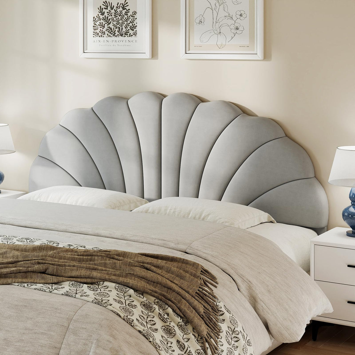 Befurtori Queen Size Headboard Only, Velvet Petal Wall Mounted, Cream