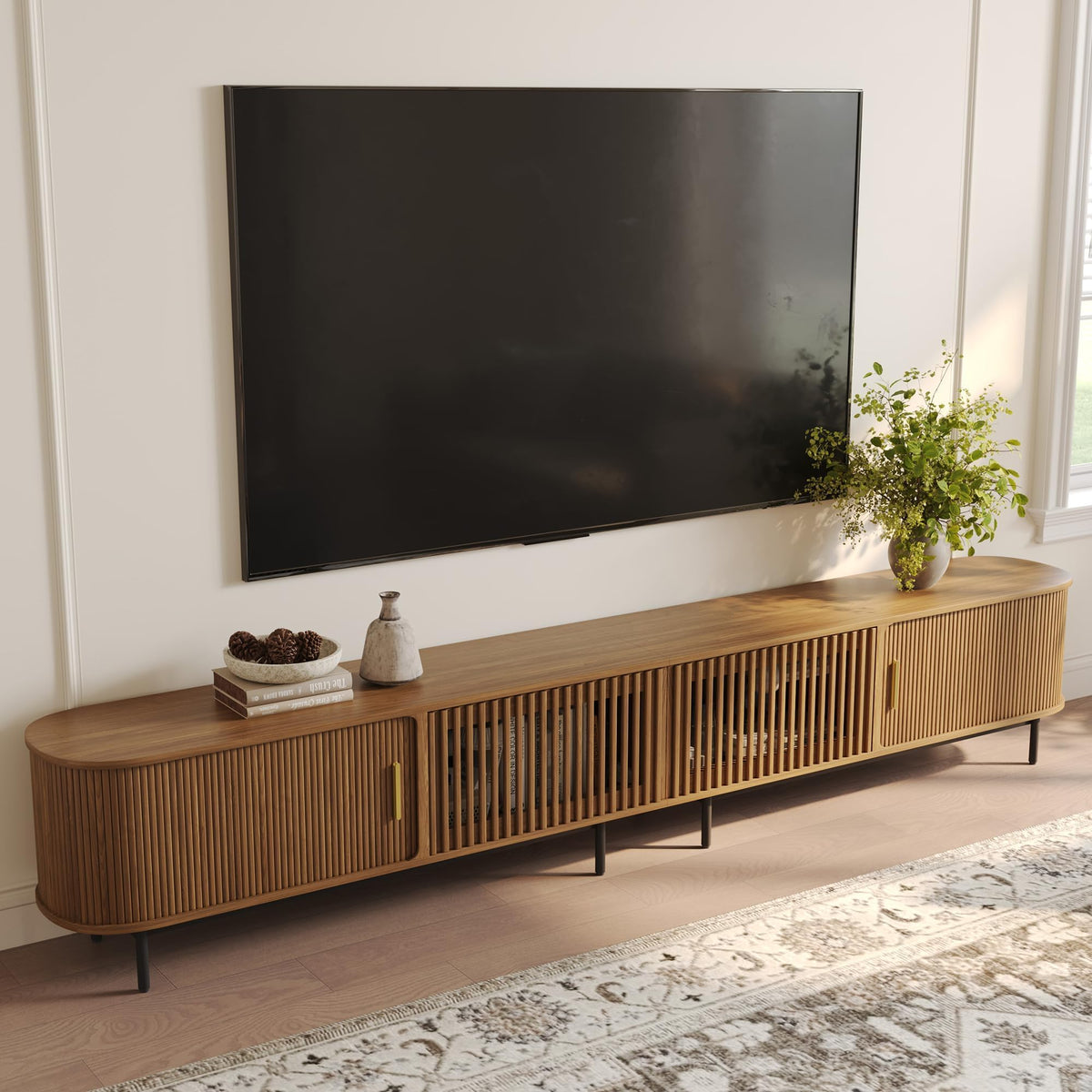POVISON 70.87" Wood Fully-Assembled Sliding Tambour Door TV Stand, Walnut