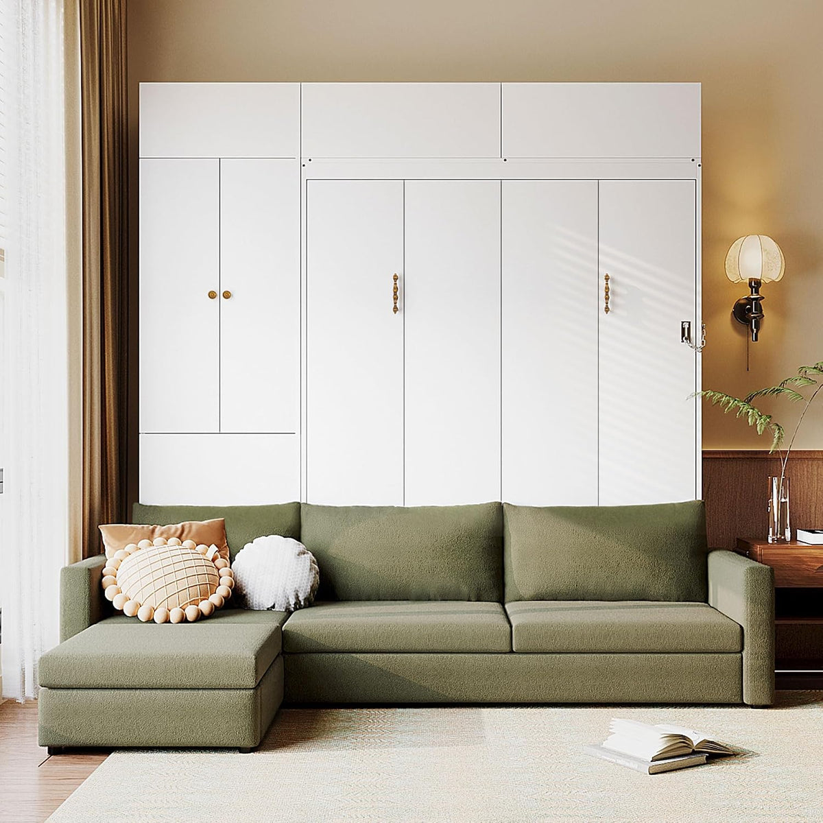 Ball & Cast Wall Bed Queen Size with Sofa and Shelves,Multi-Functional Hideaway Murphy Bed w/Teddy Fleece Couches & Dual-Piston Metal Folding System Cabinet,Lock,Space Saving for Bedroom,Green