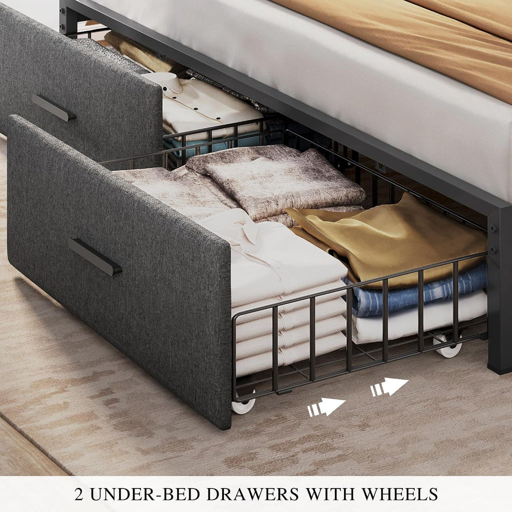 YITAHOME King Size Linen Upholstered Bed with Charging Station & LED Light