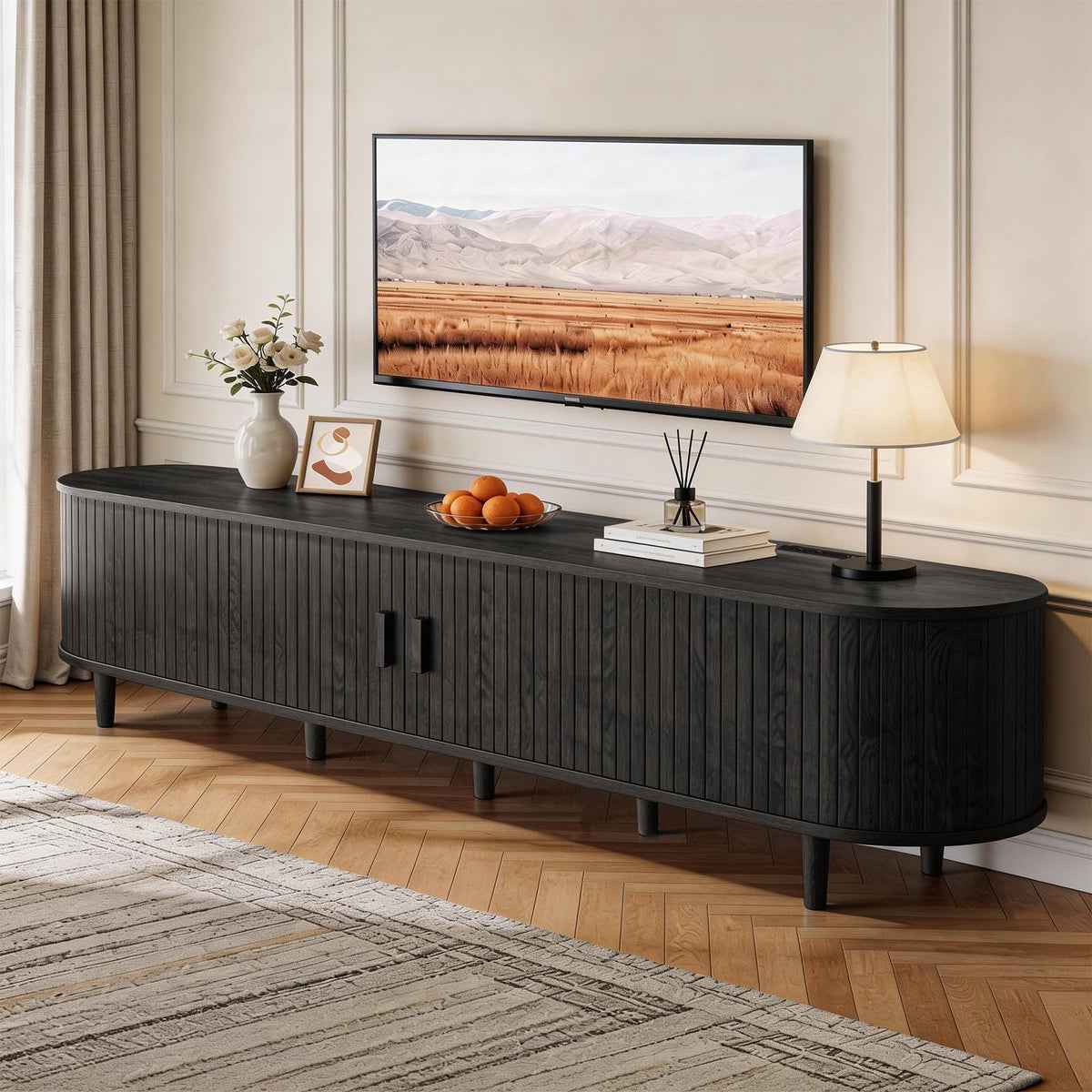 65" Mid Century Modern TV Stand with Power Outlet, Fluted Entertainment Center with Storage and Adjustable Shelves, Wood TV Console with Sliding Doors for Living Room, Walnut
