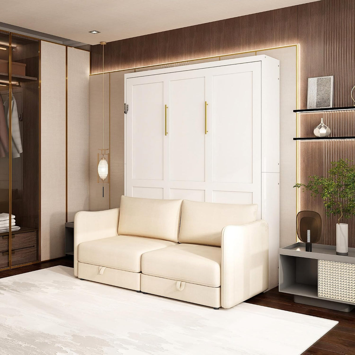 Queen Murphy Bed with Sofa, Space-Saving Wall Bed, Metal Frame, White
