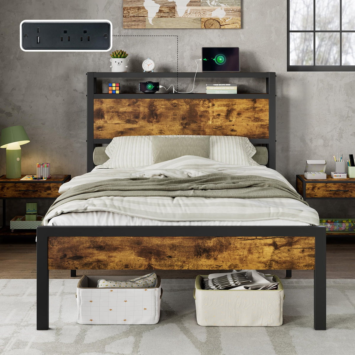 AMERLIFE King Size Platform Bed Frame with Charging Station