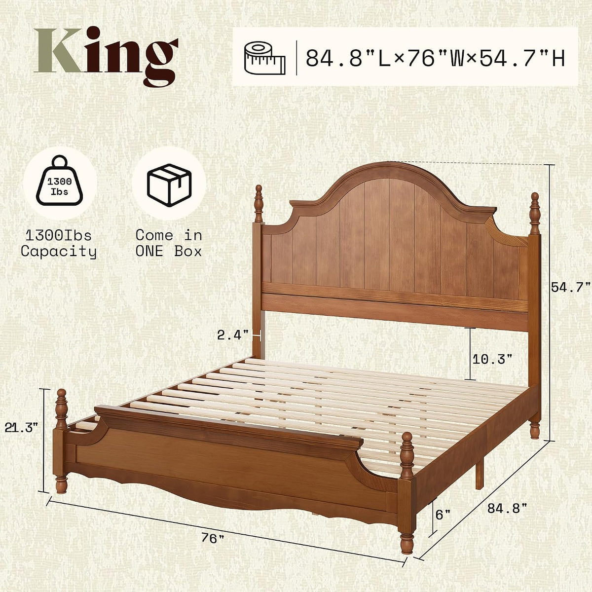 AMERLIFE King Solid Wood Poster Bed with Arched Headboard, Brown