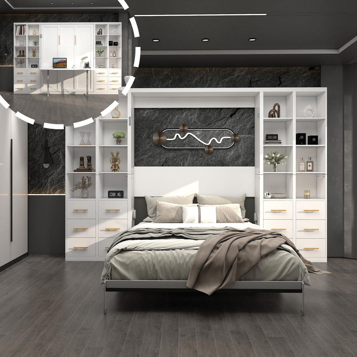 Queen Murphy Bed with Sofa, Space-Saving Wall Bed, Metal Frame, White