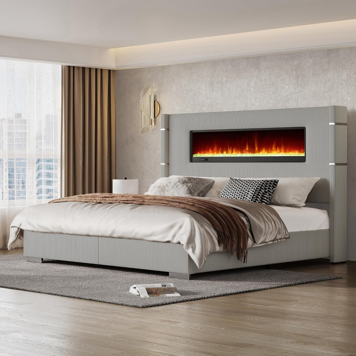 AMERLIFE Cal King Fireplace Bed Frame, Upholstered Headboard, Light Gray