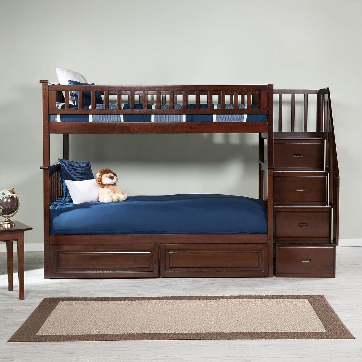 AFI, Columbia Staircase Bunk Bed Twin Over Twin & Raised Panel Bed Drawers, Walnut