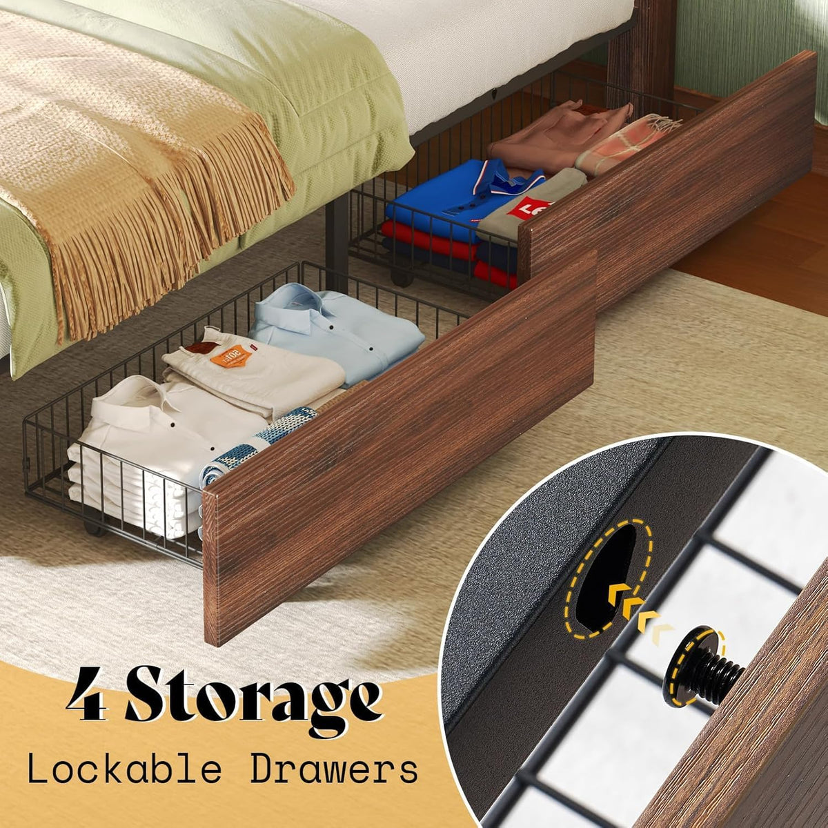 AMERLIFE Queen Size Farmhouse Bed Frame with 4 Storage Drawers