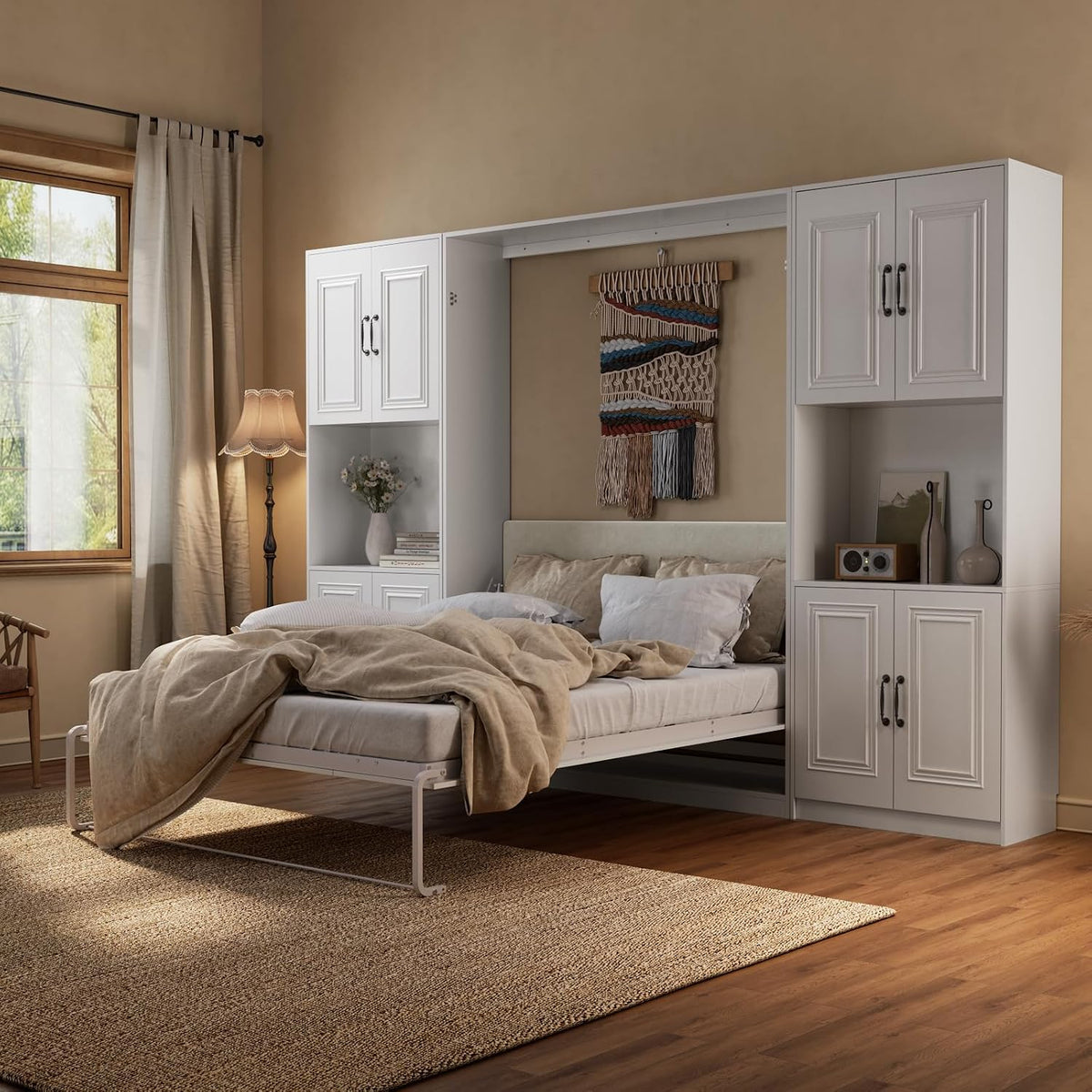 Sweet Memory Mordern Murphy Bed Queen for Space-Saving, Foldable Wall Bed with Gas Struts, Heavy-Duty Hydraulic Lift Cabinet Bed for Home Office, Guest Room, Studio Apartment (2 Cabinets)