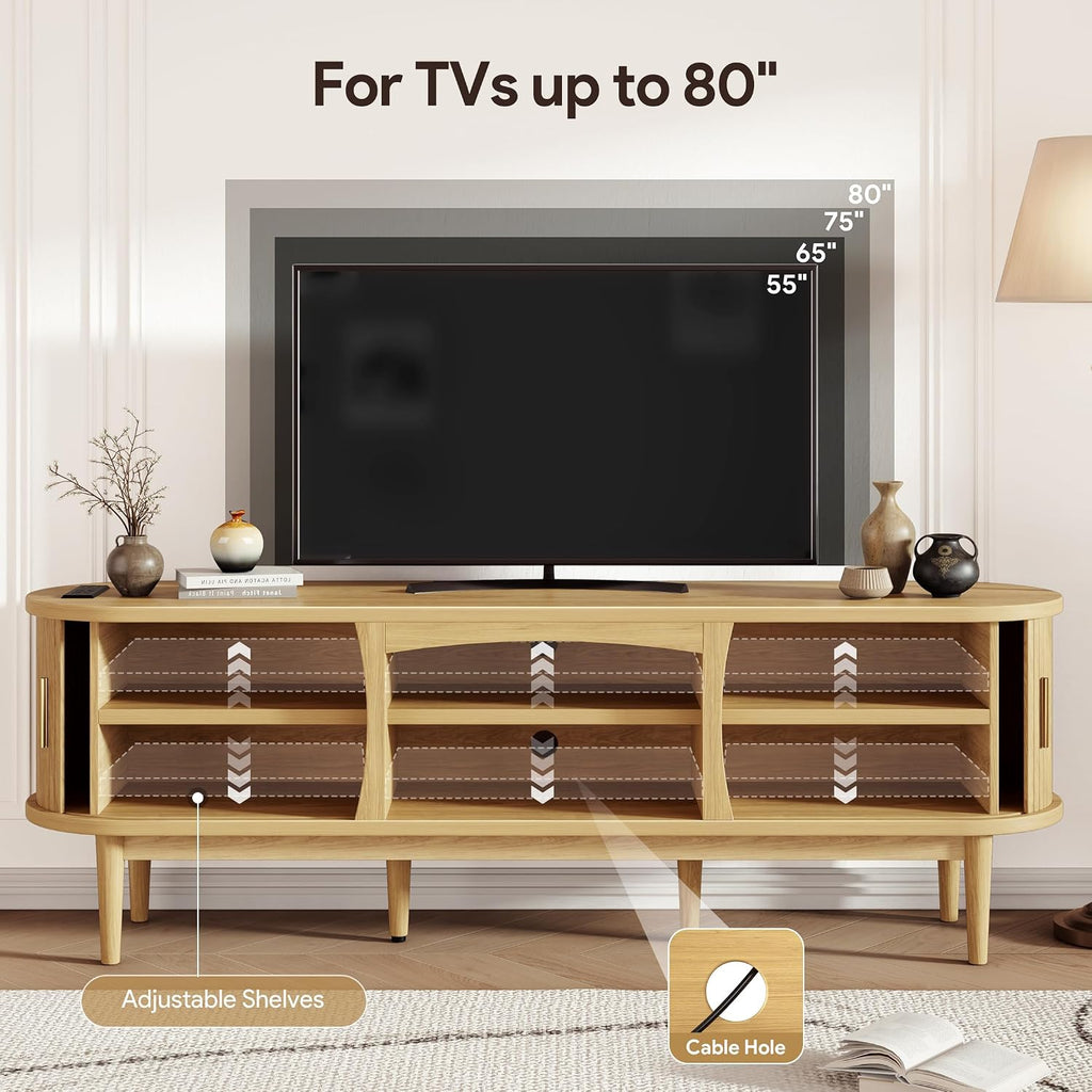 Decofy Mid Century TV Stand for TVs up to 80 Inches, Entertainment Center with Storage, Power Outlet, Fluted Sliding Doors & Adjustable Shelves, Modern Media TV Console Table for Living Room (Oak)