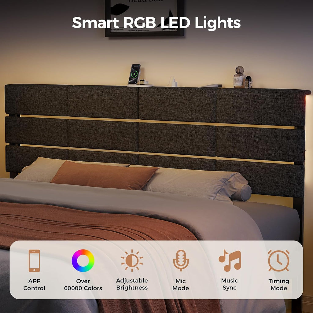 King/Cal King Size Headboard with Charging Station & Lights, Dark Grey