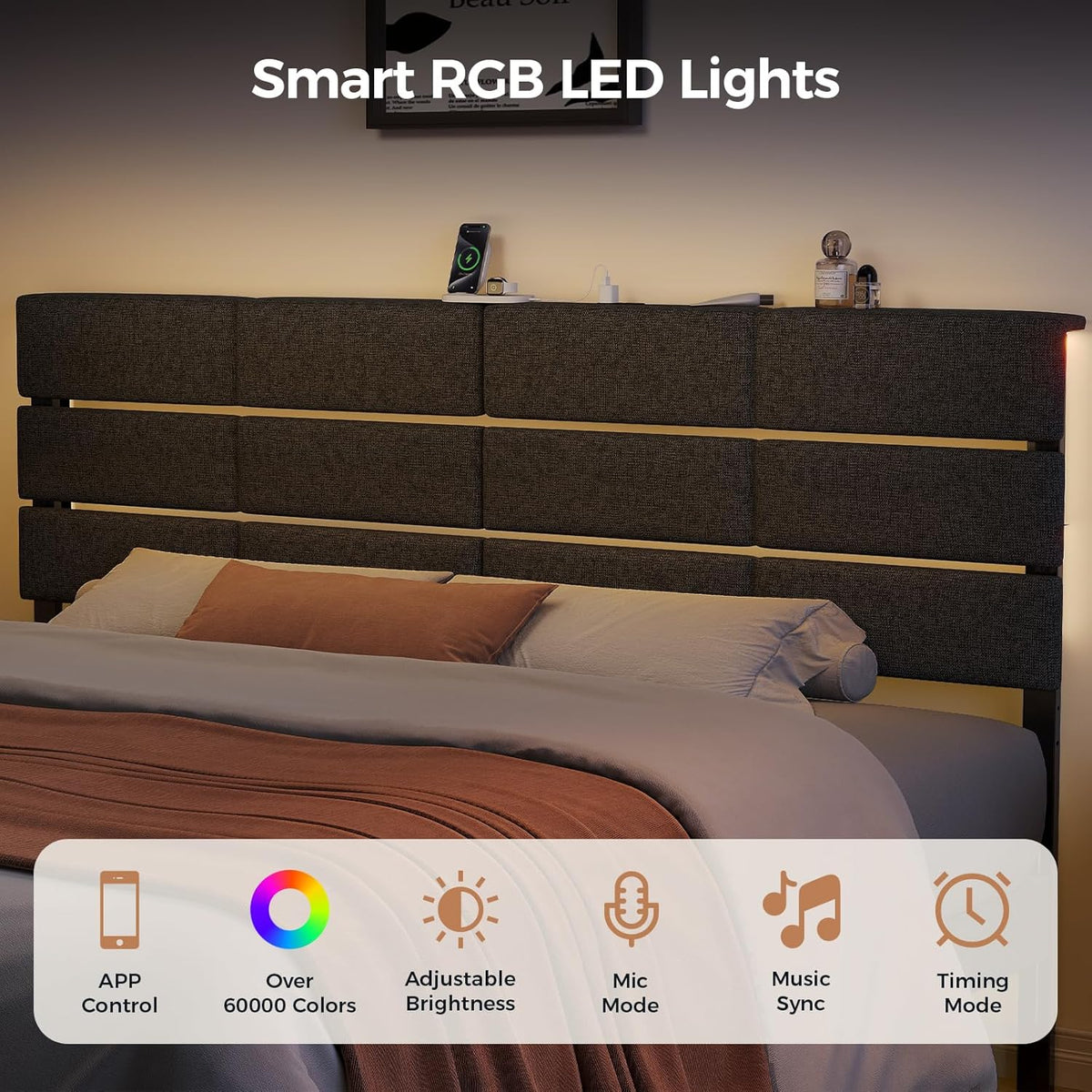 King/Cal King Size Headboard with Charging Station & Lights, Dark Grey
