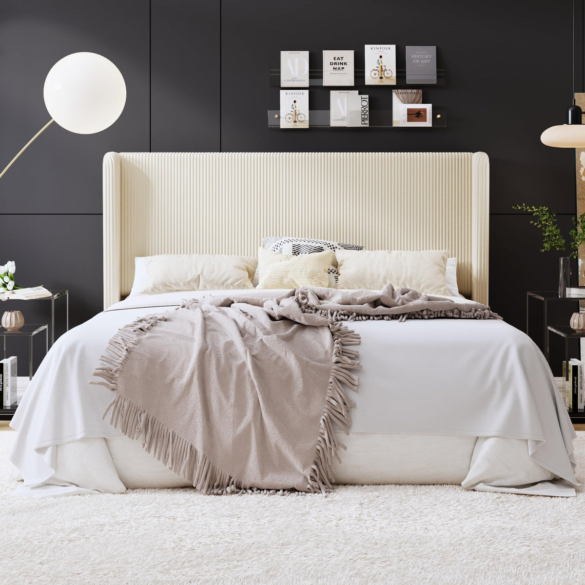 SHA CERLIN Full Corduroy Platform Bed with Tufted Wingback Headboard, Black