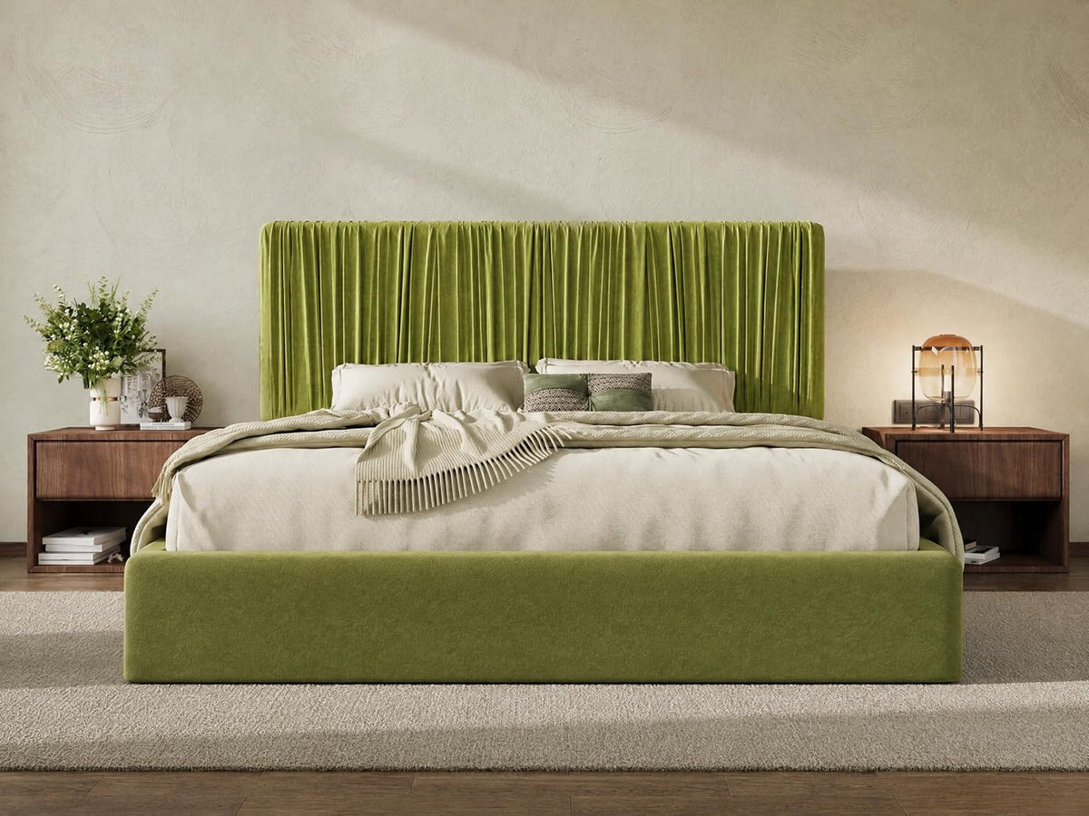 SHA CERLIN Queen Size Artisanal Pleated Velvet Bed Frame with Adjustable Headboard, Luxurious Upholstered Floor Platform Bed, Modern Low Profile Frame, Green