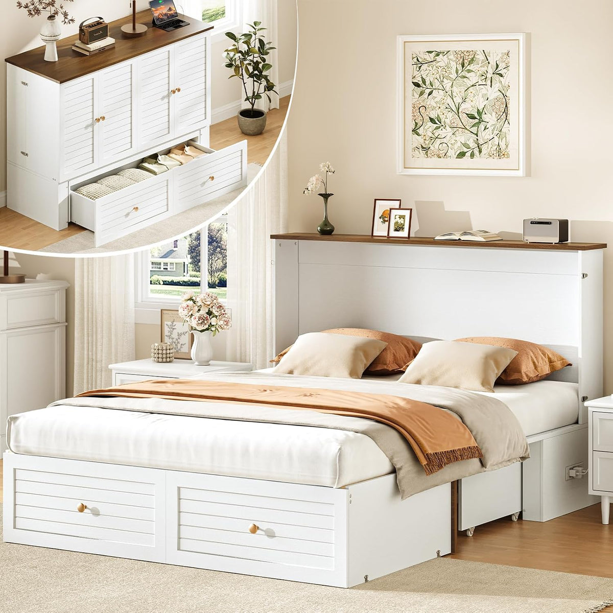 Yoobure Queen Murphy Bed with Charging Station, Cabinet Beds with Storage