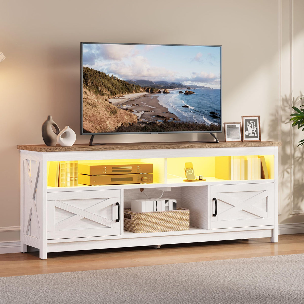 DWVO Farmhouse TV Stand with Power Outlet for 75 Inch TV, Grey Washed/White
