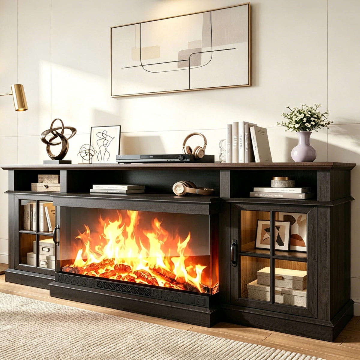 98" Farmhouse TV Stand with 36" Fireplace, Black & Black