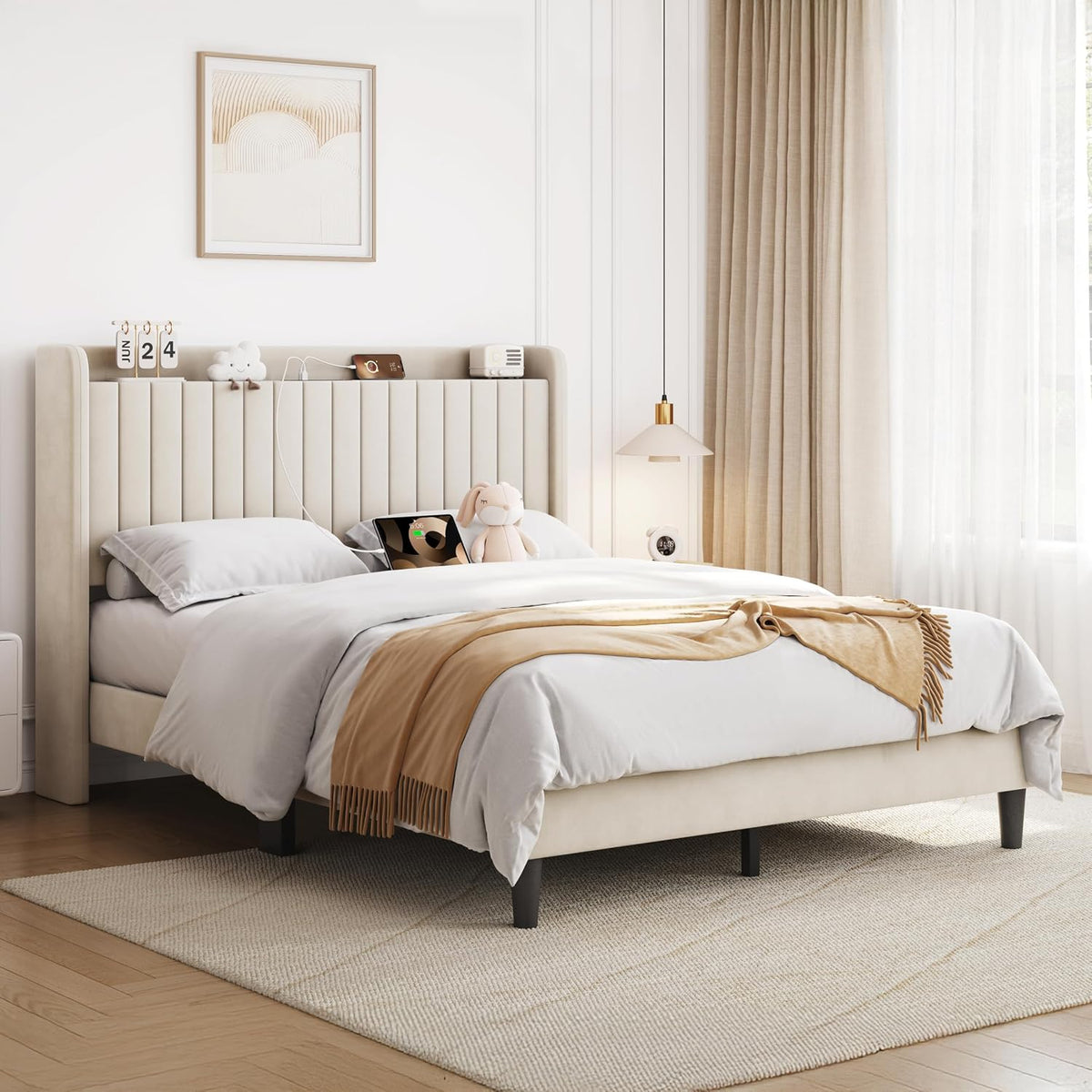 Yaheetech Queen Bed Frame with Channel-Tufted Storage Headboard, Cool Beige