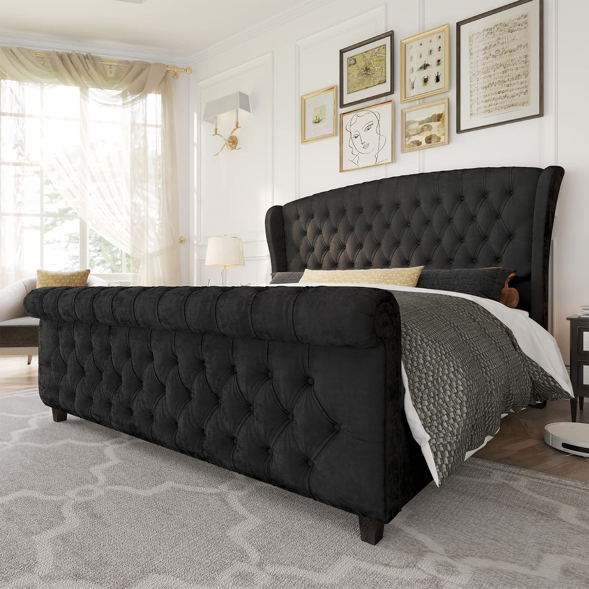 AMERLIFE Queen Size Upholstered Sleigh Bed Frame with Wingback Headboard