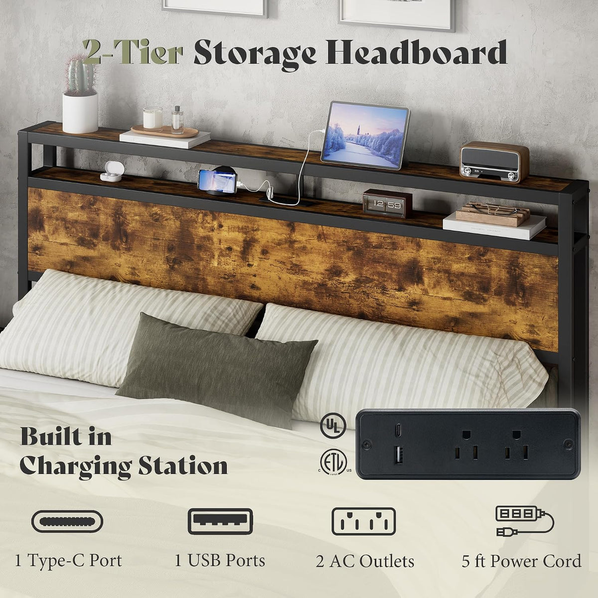 AMERLIFE King Size Platform Bed Frame with Charging Station