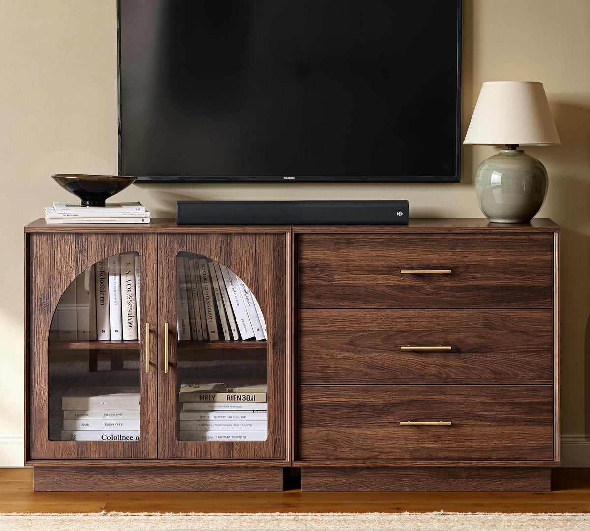 FORTUNETEC 94.4" Mid Century Modern TV Stand for 75 Inch TV,3 Pieces Walnut