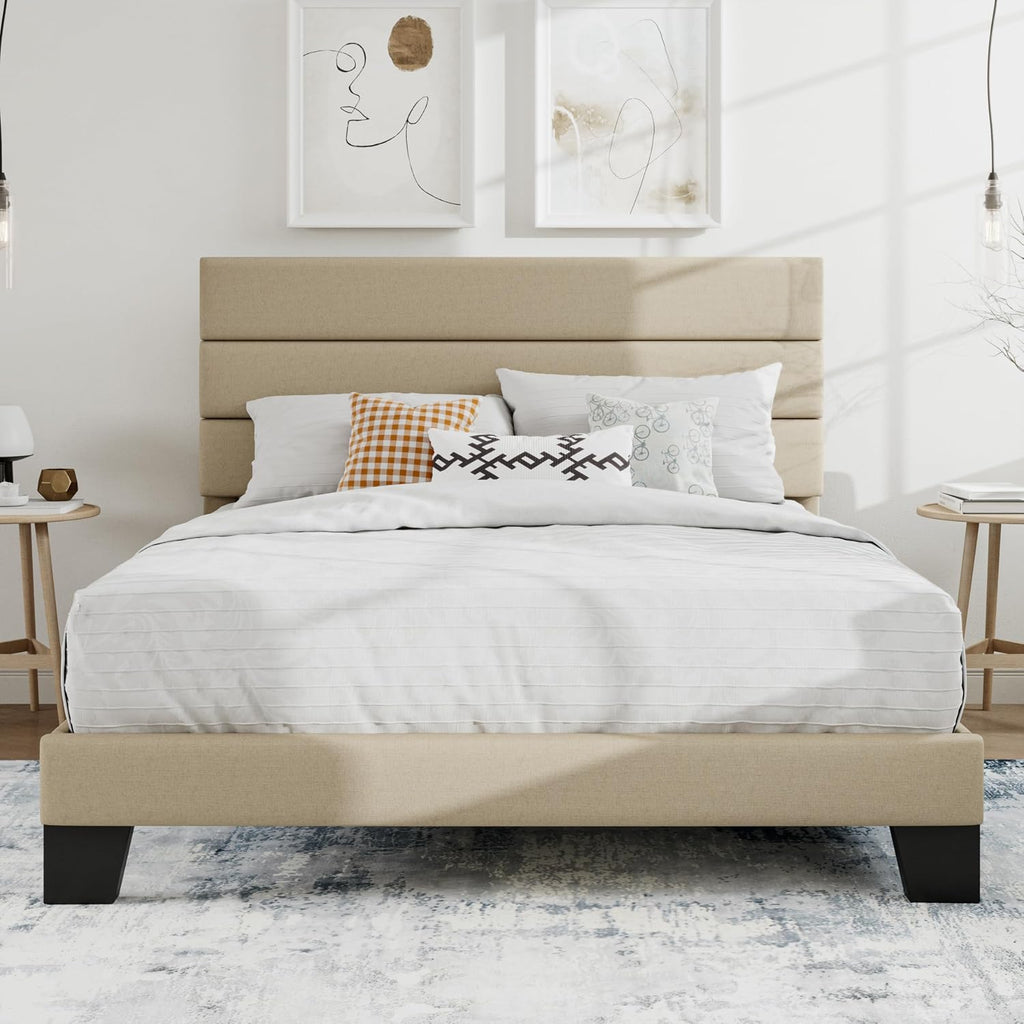 SHA CERLIN Queen Platform Bed Frame with Upholstered Fabric Headboard,Beige