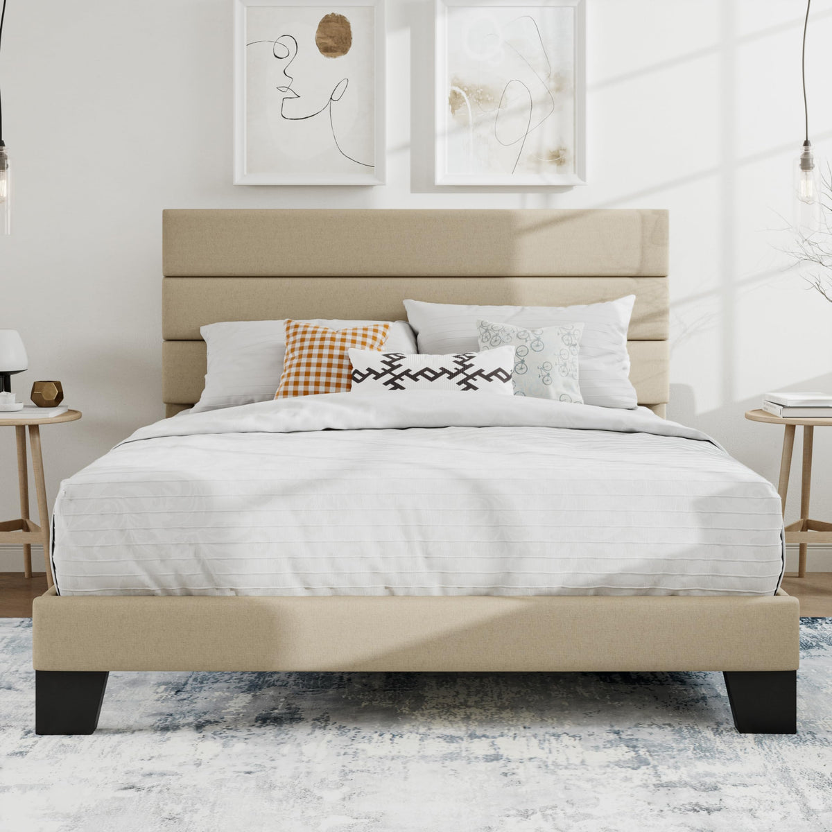 SHA CERLIN Queen Platform Bed Frame with Upholstered Fabric Headboard,Beige