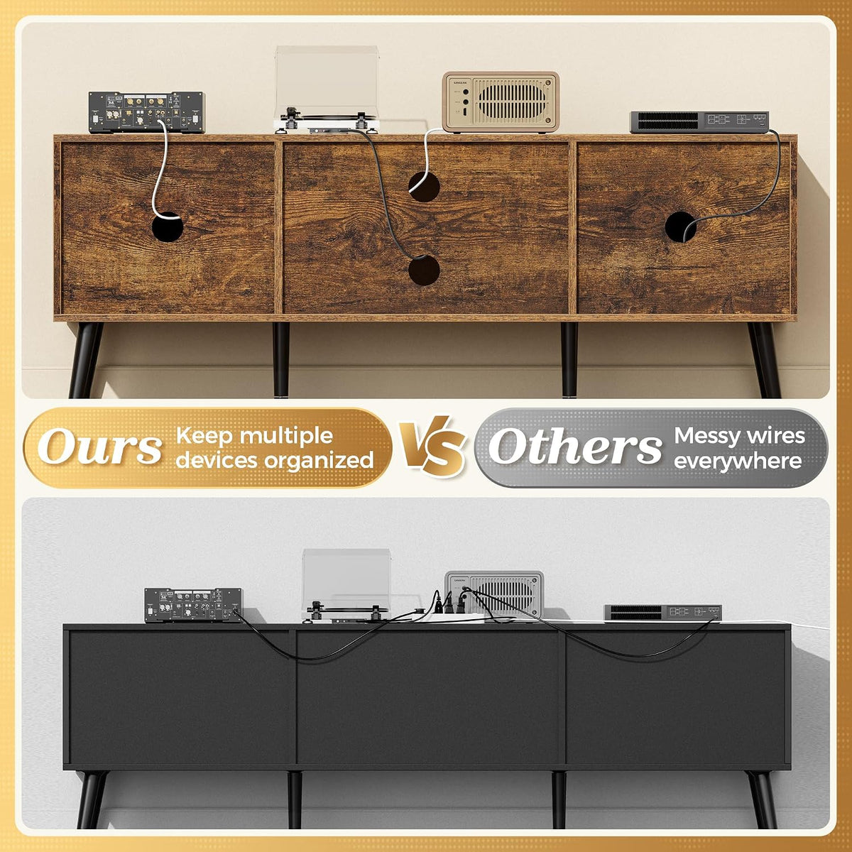 SUPERJARE TV Stand for 55 Inch TV, Entertainment Center with Adjustable Shelf, 2 Cabinets, TV Console Table, Media Console, Solid Wood Feet, Cord Holes, for Living Room, Bedroom, Rustic Brown
