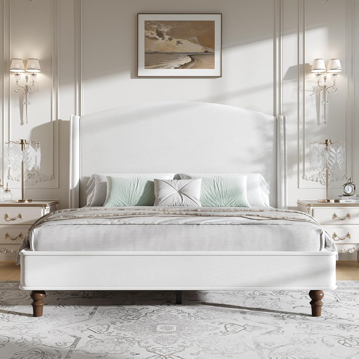 BarnFurin Queen Bed Frame, 52" Elegant Wingback Headboard, Beige