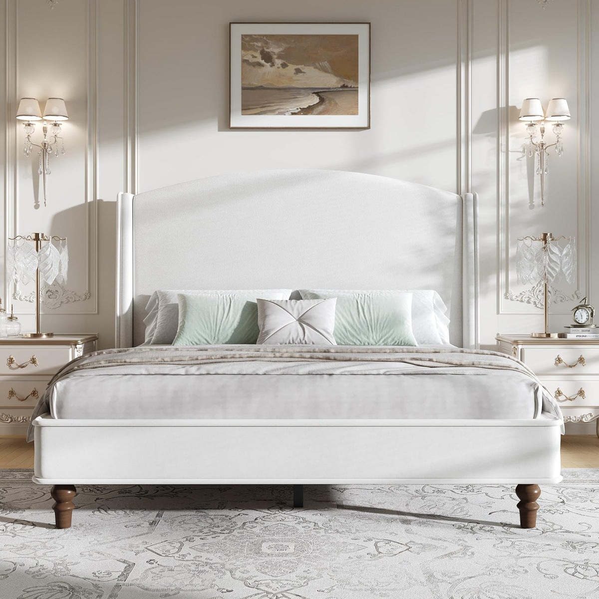 BarnFurin Queen Bed Frame, 52" Elegant Wingback Headboard, Beige