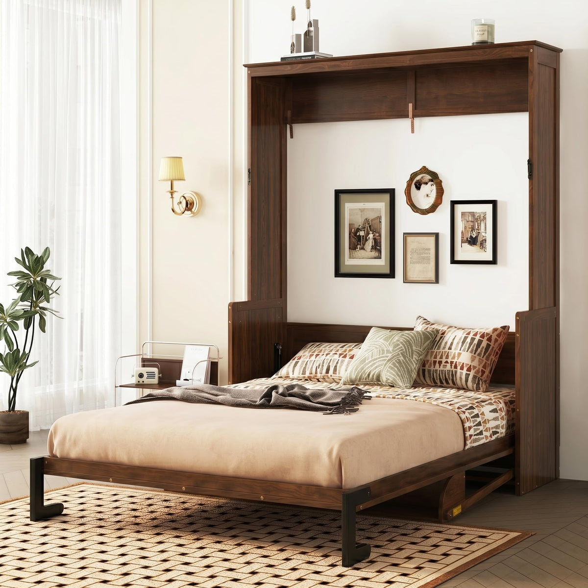 YOPTO Queen Murphy Bed with Storage Shelves and Desk,Cabinets,Lights,White