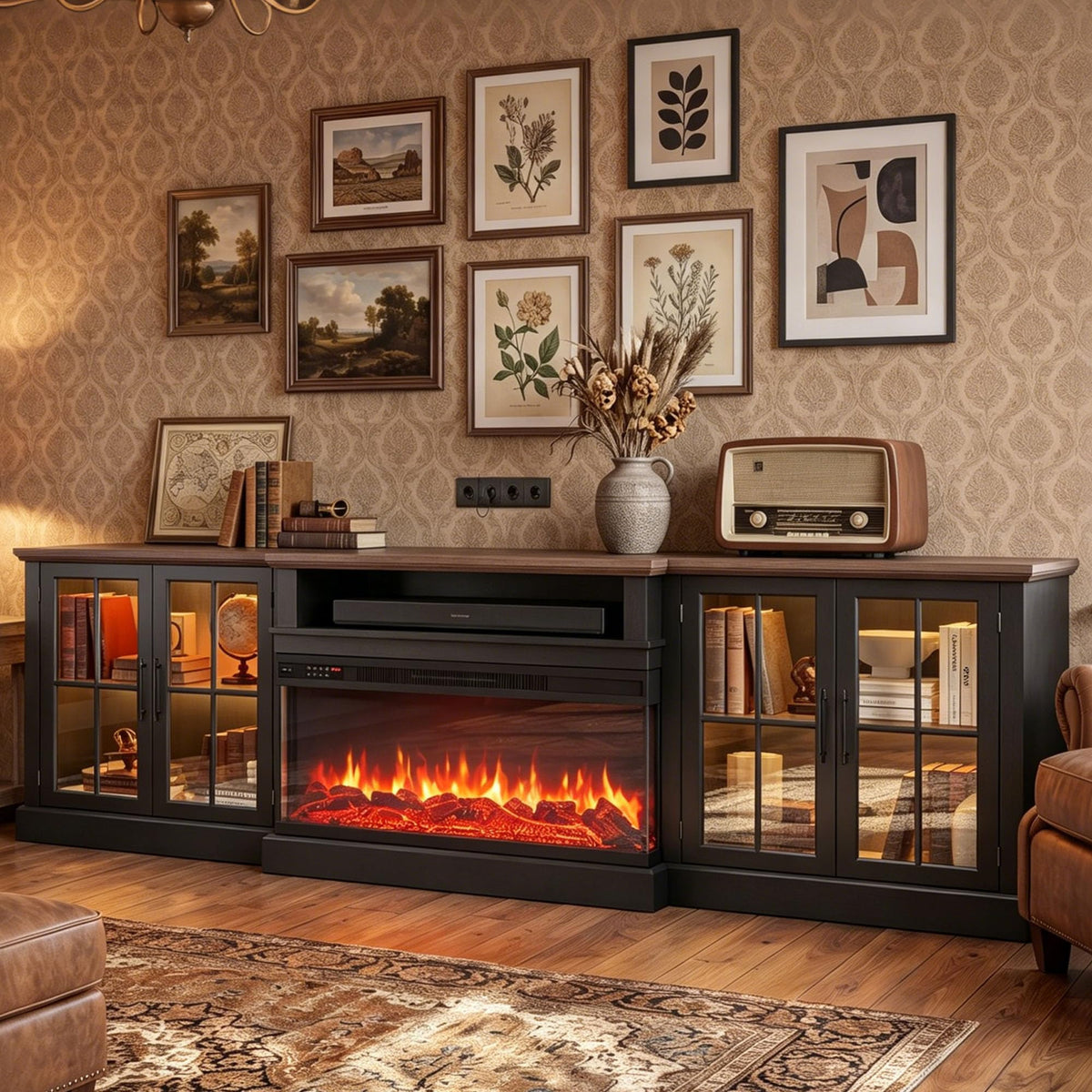 98" Farmhouse TV Stand with 36" Fireplace, Black & Black
