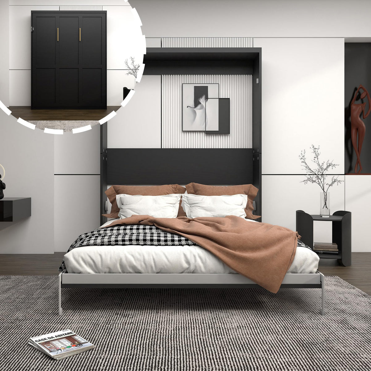 Queen Murphy Bed with Sofa, Space-Saving Wall Bed, Metal Frame, White