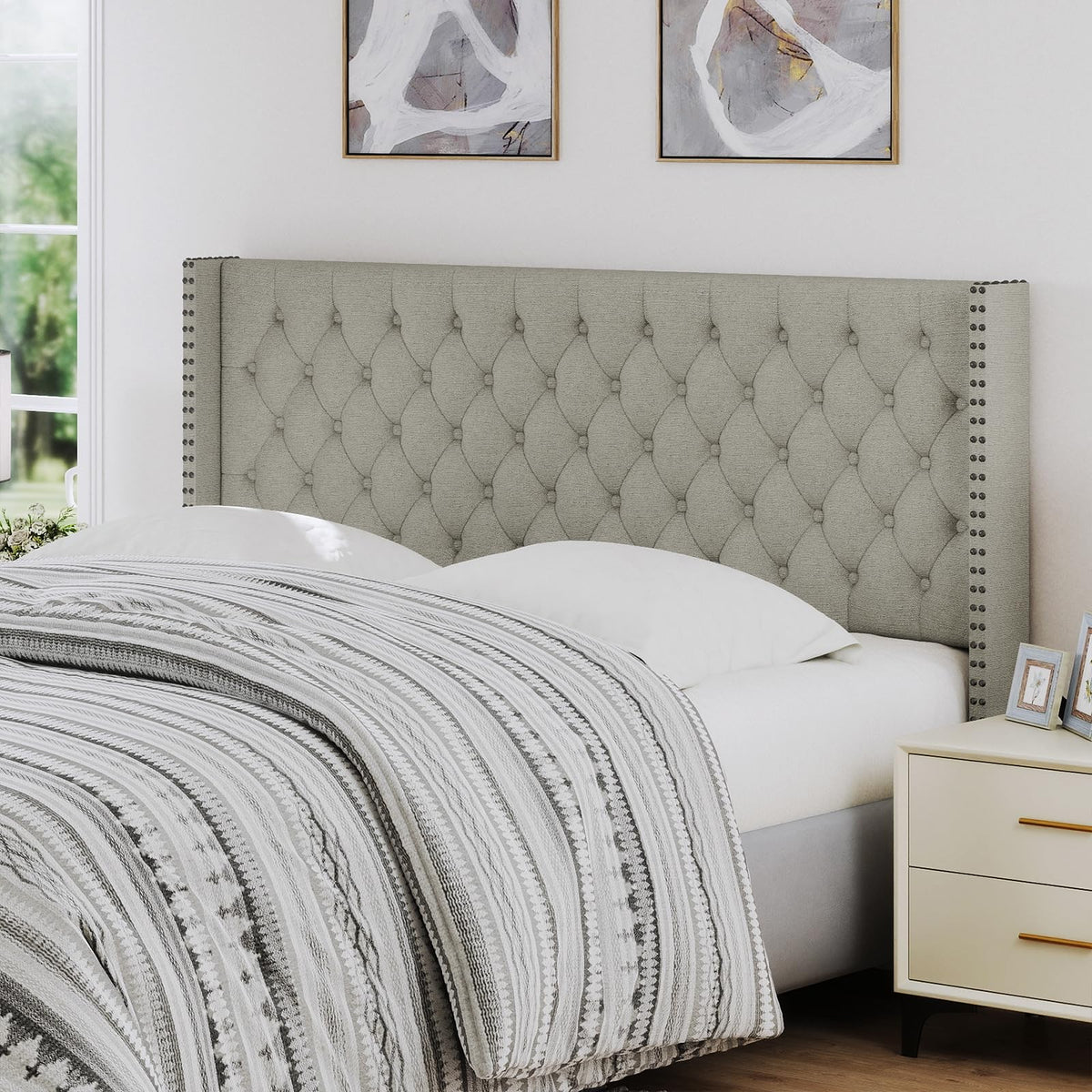 Furpopup Linen King Size Headboard Only, Wingback Wall Mount, Ivory