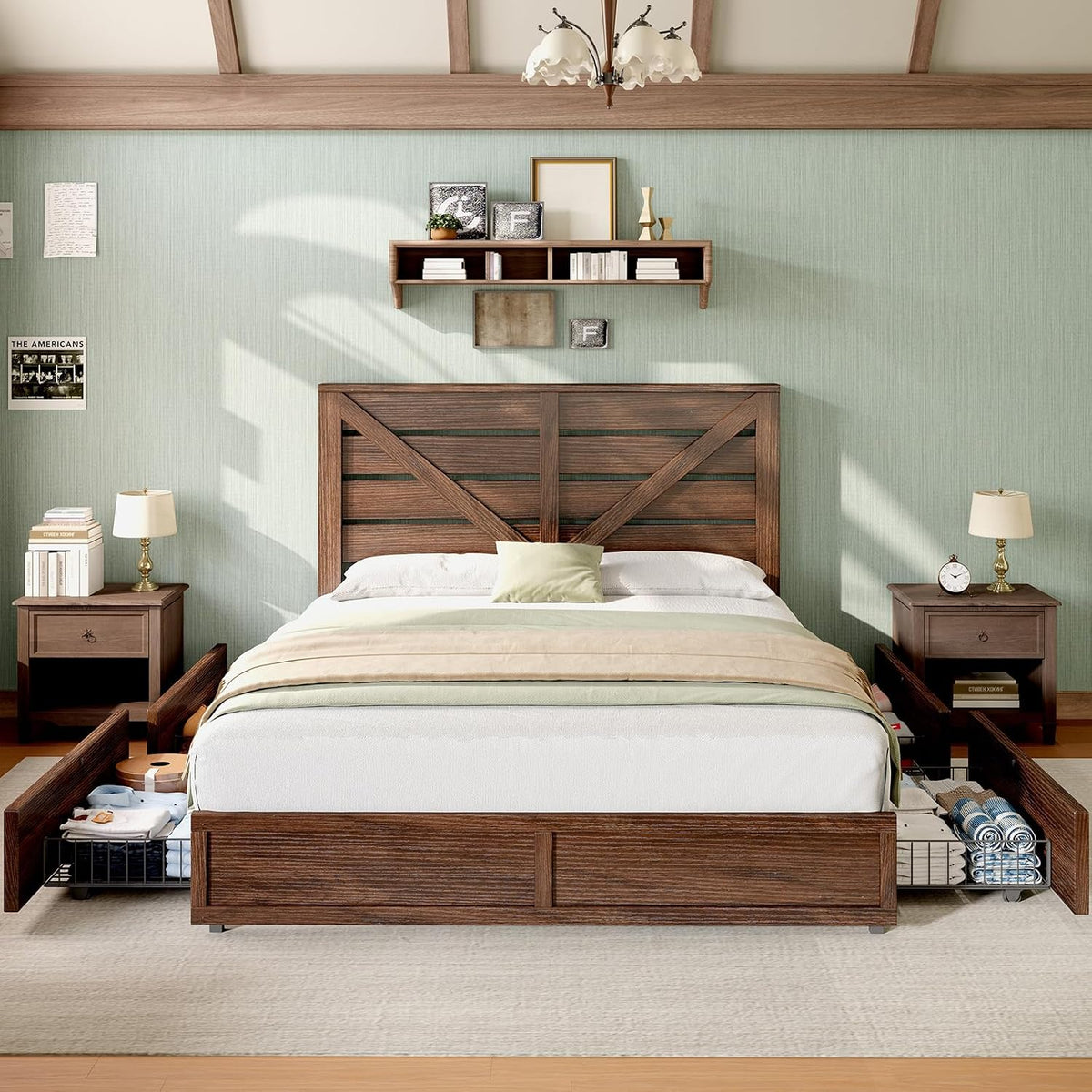 AMERLIFE Queen Size Farmhouse Bed Frame with 4 Storage Drawers