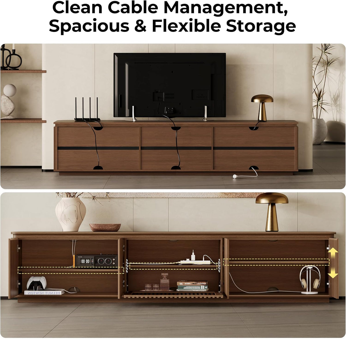 94.5" Mid Century ModernTV Stand with LED Lights for TVs up to 98", Walnut