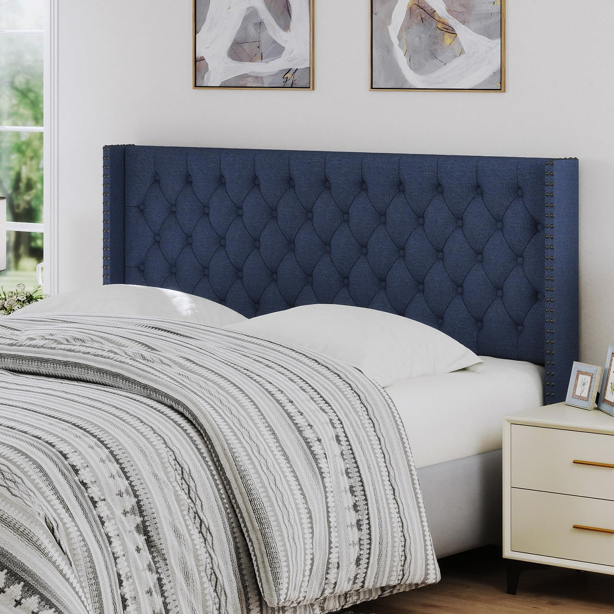 Furpopup Linen King Size Headboard Only, Wingback Wall Mount, Ivory